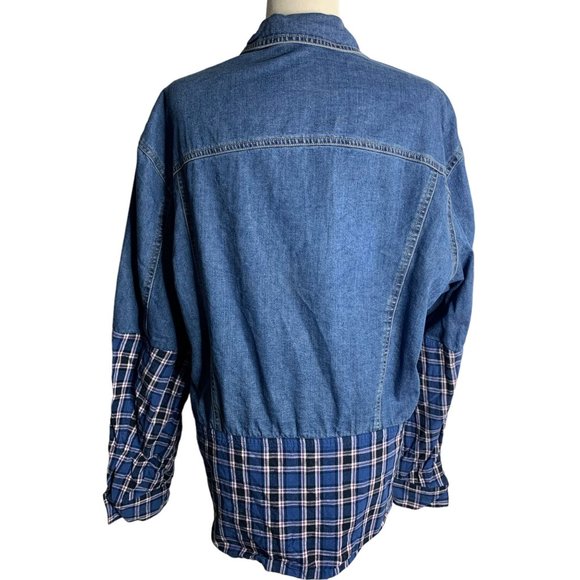 Mistress Rocks Enthuse Denim Jacket S Blue Plaid Oversized Button Up Pockets - Picture 5 of 7